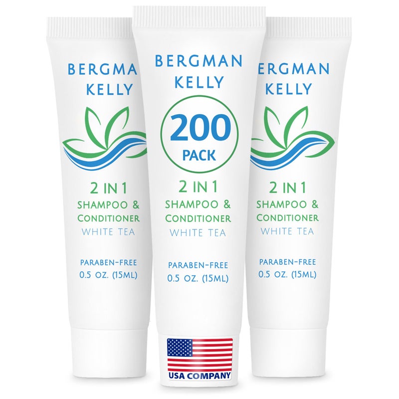 Bergman Kelly - Hotel 2 in 1 Shampoo and Conditioner - 0.5 fl oz, 200 PK, White Tea - Delight Your Guests with Revitalizing and Refreshing Travel Size Shampoo - Quality Mini Hotel Toiletries in Bulk - Image 1